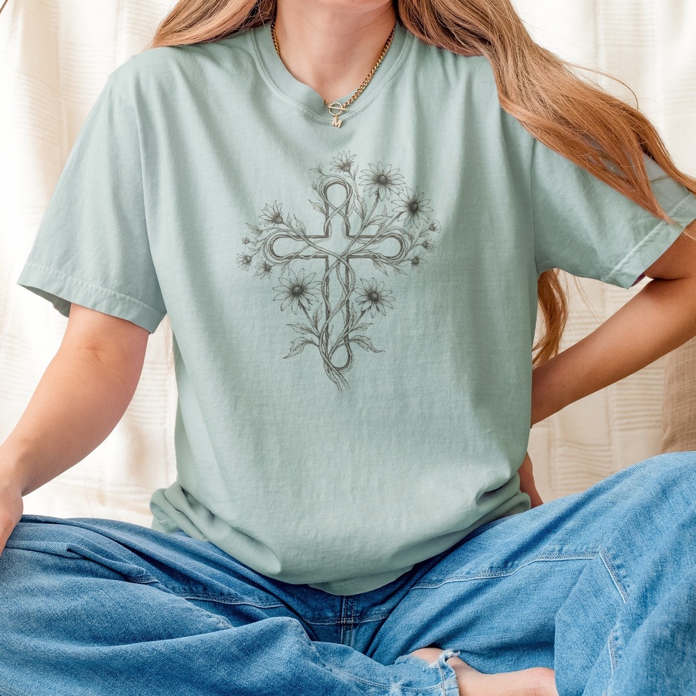 Cross Entwined in Blooming Vines Boho Tee